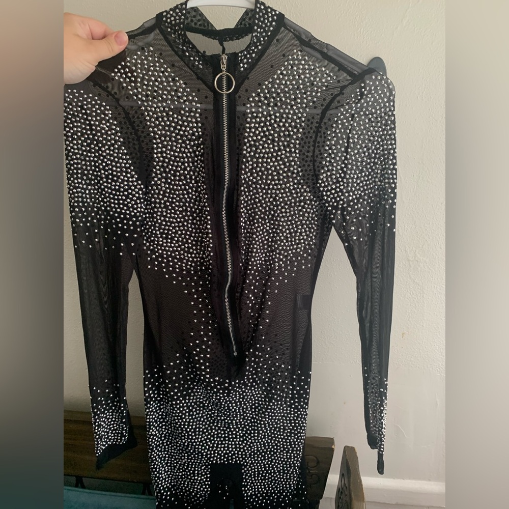 Mesh rhinestone Black body suit